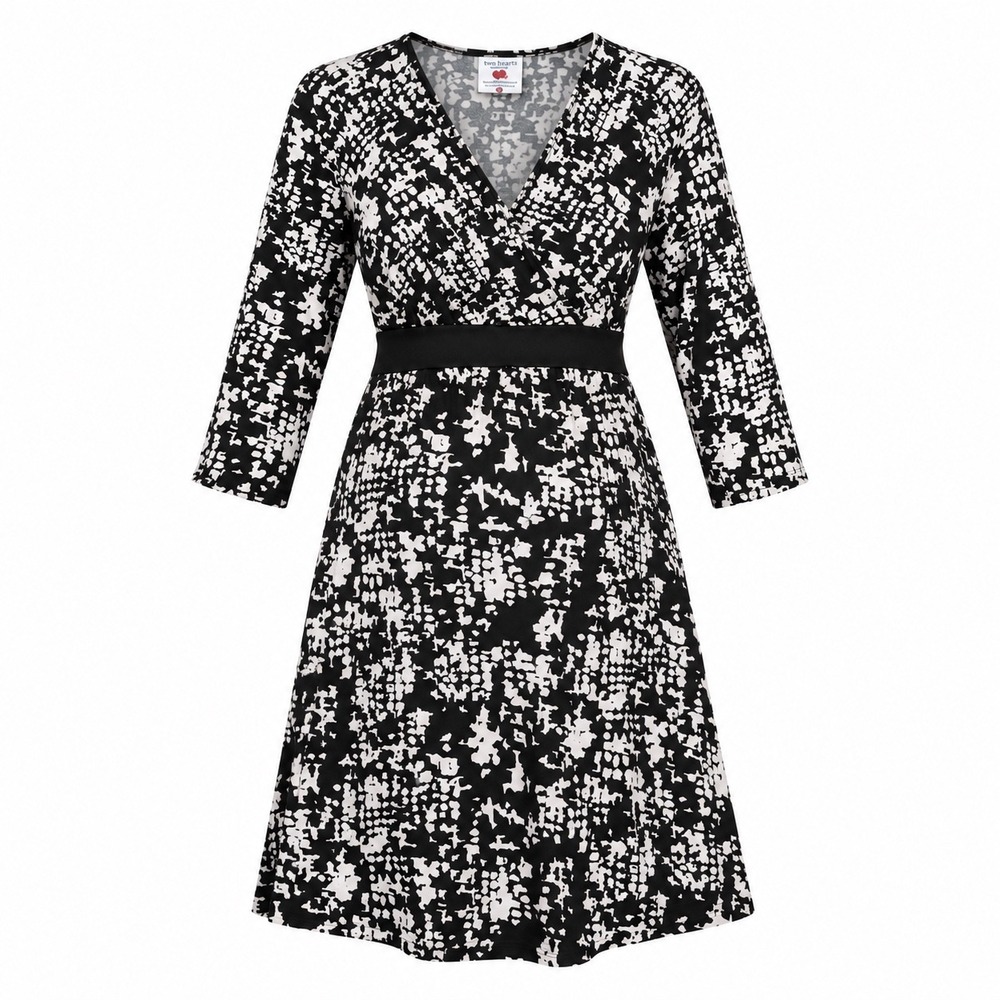 Two Hearts Maternity Wrap Dress Stretch Empire Waist M Black White Abstract